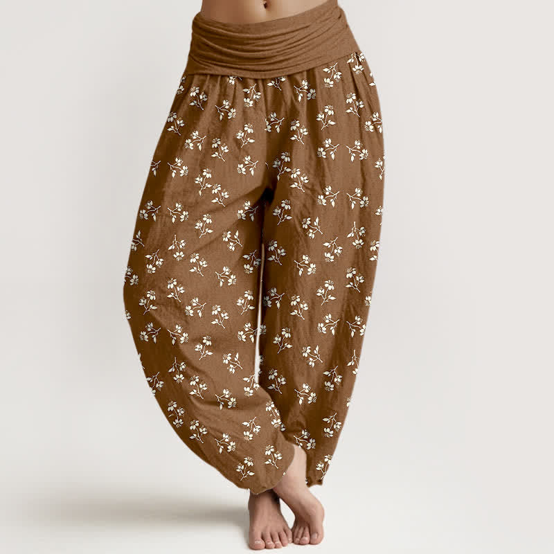 Buddha Stones Baumwoll-Haremshose mit weißem Blumenmuster und elastischem Bund für Damen - Sattelbraun - US16, UK/AU20, EU48 (3XL) - image 0