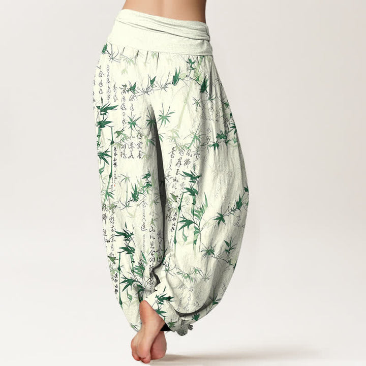 Buddha Stones Damen-Haremshose aus reiner Baumwolle mit Bambusblatt-Kalligrafie-Muster und elastischem Bund - image 2