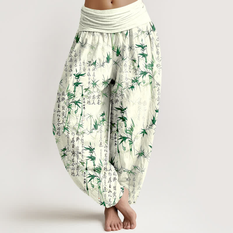 Buddha Stones Damen-Haremshose aus reiner Baumwolle mit Bambusblatt-Kalligrafie-Muster und elastischem Bund - Grün - US16, UK/AU20, EU48 (3XL) - image 0