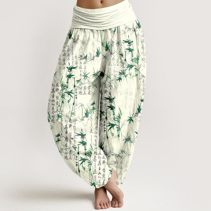 Buddha Stones Damen-Haremshose aus reiner Baumwolle mit Bambusblatt-Kalligrafie-Muster und elastischem Bund - Grün - US16, UK/AU20, EU48 (3XL) - image 0