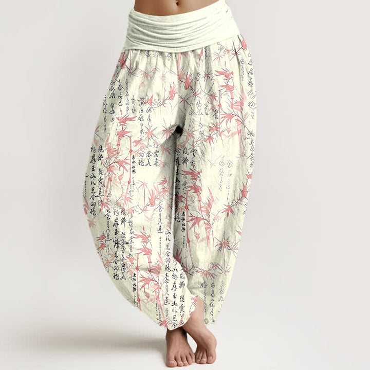 Buddha Stones Damen-Haremshose aus reiner Baumwolle mit Bambusblatt-Kalligrafie-Muster und elastischem Bund - Rosa - US16, UK/AU20, EU48 (3XL) - image 3