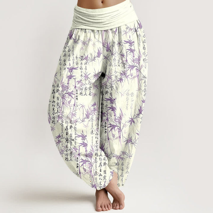 Buddha Stones Damen-Haremshose aus reiner Baumwolle mit Bambusblatt-Kalligrafie-Muster und elastischem Bund - DarkOrchid - US16, UK/AU20, EU48 (3XL) - image 6