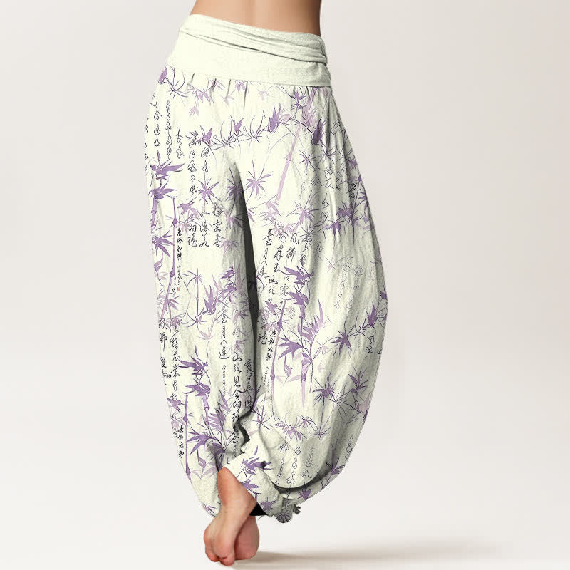 Buddha Stones Damen-Haremshose aus reiner Baumwolle mit Bambusblatt-Kalligrafie-Muster und elastischem Bund - image 8