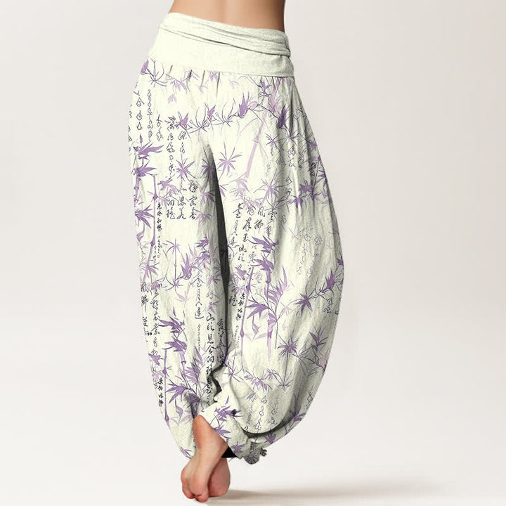 Buddha Stones Damen-Haremshose aus reiner Baumwolle mit Bambusblatt-Kalligrafie-Muster und elastischem Bund - image 8