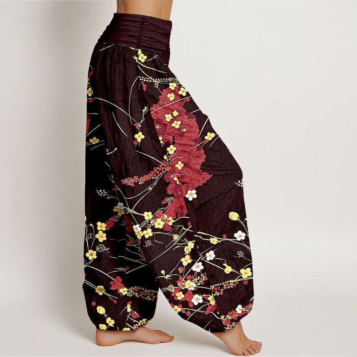 Buddha Stones Damen-Haremshose aus reiner Baumwolle mit floralem Blättermuster und elastischem Bund - image 4