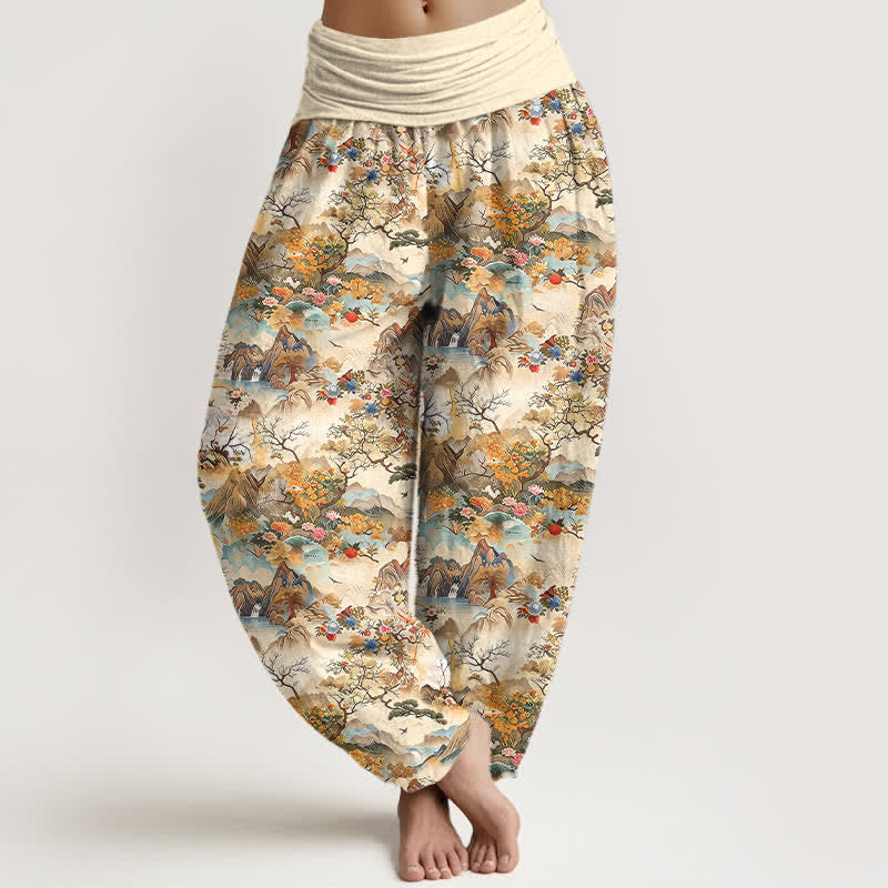 Buddha Stones Baumwoll-Haremshose mit orientalischem Landschaftsmuster und elastischem Bund für Damen - Blassgoldenrode - US16, UK/AU20, EU48 (3XL) - image 0