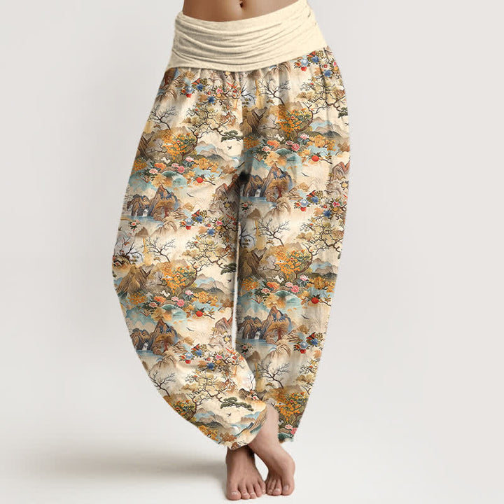 Buddha Stones Baumwoll-Haremshose mit orientalischem Landschaftsmuster und elastischem Bund für Damen - Blassgoldenrode - US16, UK/AU20, EU48 (3XL) - image 0