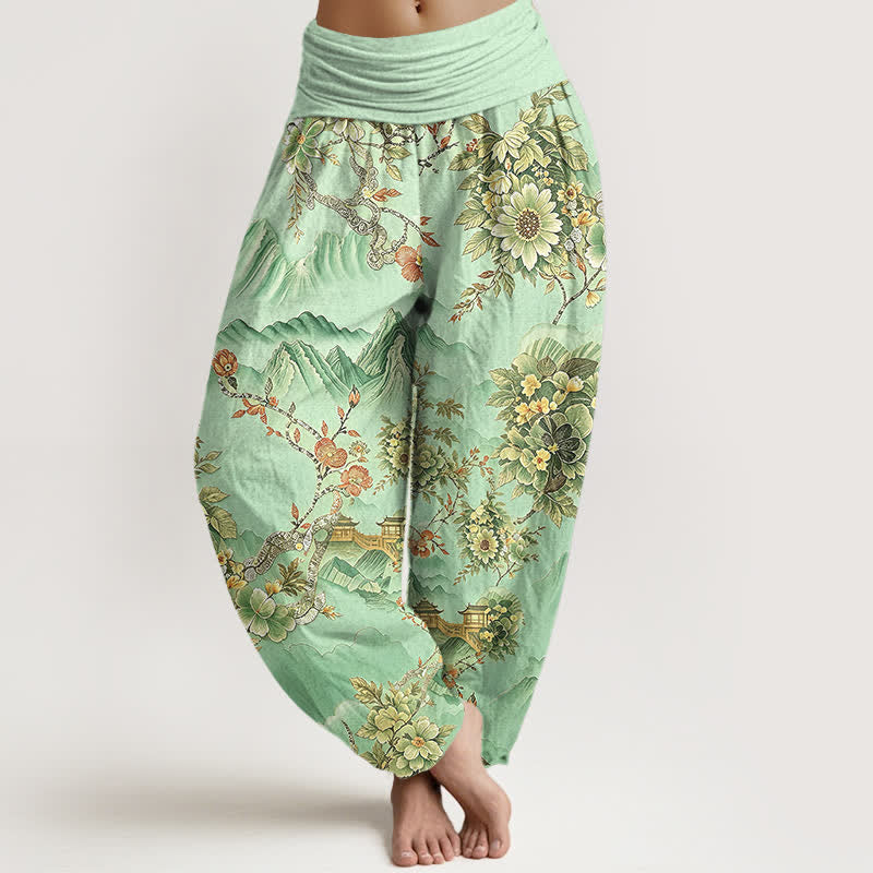 Buddha Stones Baumwoll-Haremshose mit orientalischem Berg- und Blumenmuster, elastischem Bund, Damen - Aquamarin - US16, UK/AU20, EU48 (3XL) - image 0