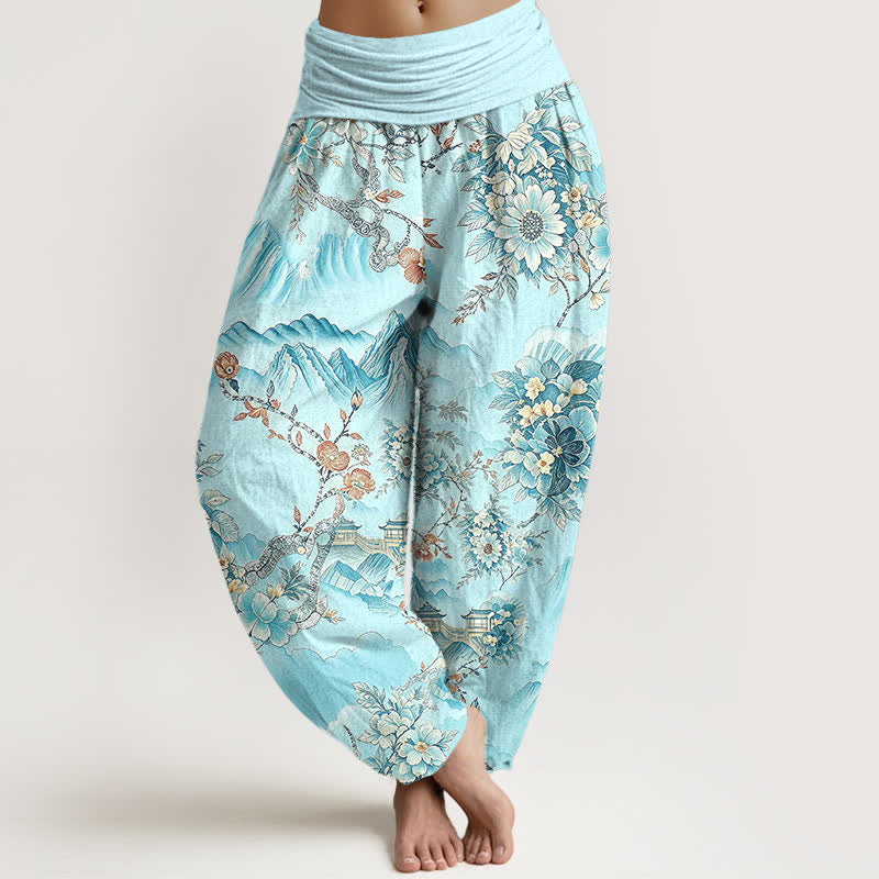 Buddha Stones Baumwoll-Haremshose mit orientalischem Berg- und Blumenmuster, elastischem Bund, Damen - Cyan - US16, UK/AU20, EU48 (3XL) - image 6