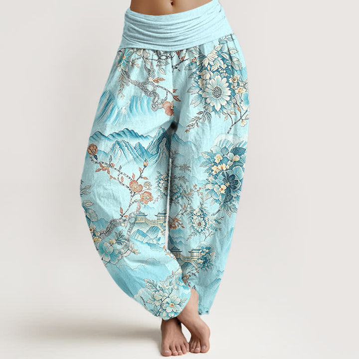 Buddha Stones Baumwoll-Haremshose mit orientalischem Berg- und Blumenmuster, elastischem Bund, Damen - Cyan - US16, UK/AU20, EU48 (3XL) - image 6