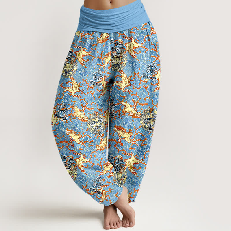 Buddha Stones Weiße Haremshose aus reiner Baumwolle mit Kranich- und Wolkenmuster, elastischer Bund für Damen. - Hellblau - US16, UK/AU20, EU48 (3XL) - image 0