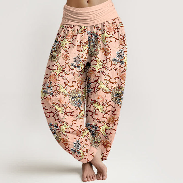Buddha Stones Weiße Haremshose aus reiner Baumwolle mit Kranich- und Wolkenmuster, elastischer Bund für Damen. - MistyRose - US16, UK/AU20, EU48 (3XL) - image 3
