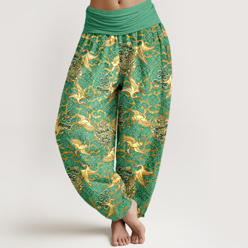 Buddha Stones Weiße Haremshose aus reiner Baumwolle mit Kranich- und Wolkenmuster, elastischer Bund für Damen. - Mittelseegrün - US16, UK/AU20, EU48 (3XL) - image 6