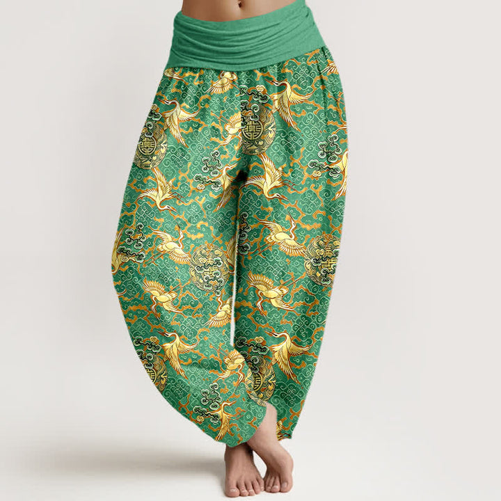 Buddha Stones Weiße Haremshose aus reiner Baumwolle mit Kranich- und Wolkenmuster, elastischer Bund für Damen. - Mittelseegrün - US16, UK/AU20, EU48 (3XL) - image 6