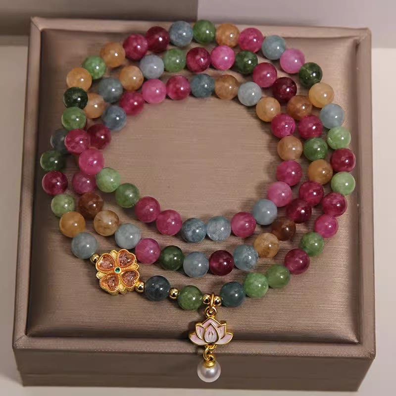 Buddha Stones Regenbogen-Turmalin-Lotus-Weisheit-Dreifach-Perlenarmband - image 1