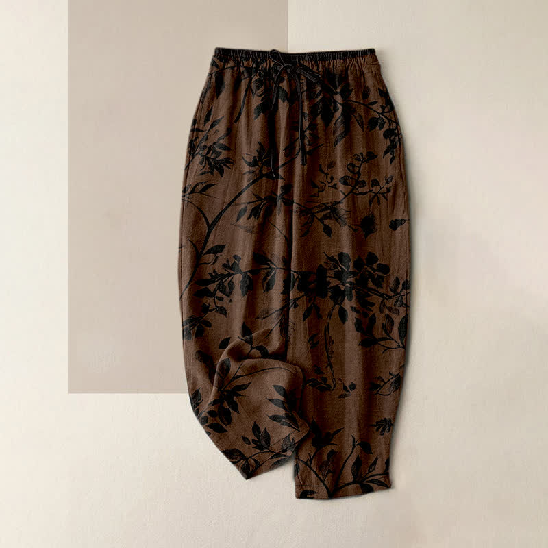 Buddha Stones Schwarze Damenhose aus reiner Baumwolle mit botanischem Blattmuster, elastischem Bund und Taschen - Sattelbraun - US16, UK/AU20, EU48 (3XL) - image 0