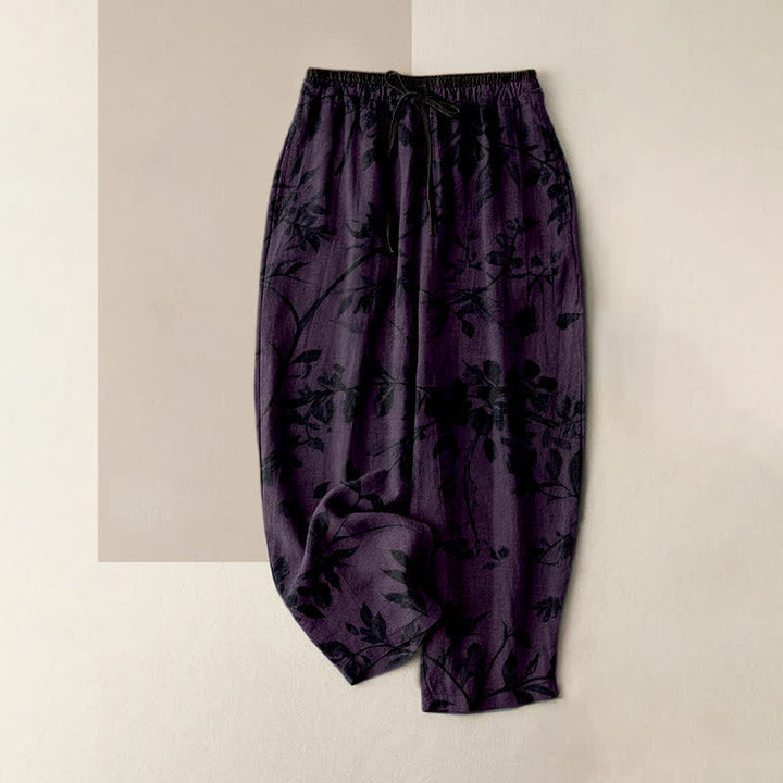 Buddha Stones Schwarze Damenhose aus reiner Baumwolle mit botanischem Blattmuster, elastischem Bund und Taschen - Lila - US16, UK/AU20, EU48 (3XL) - image 4