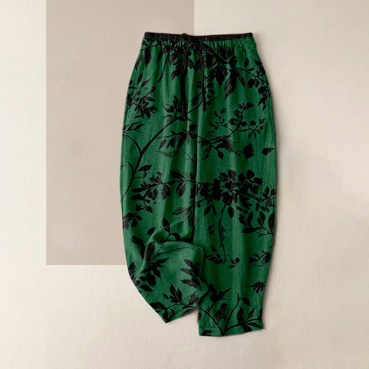 Buddha Stones Schwarze Damenhose aus reiner Baumwolle mit botanischem Blattmuster, elastischem Bund und Taschen - Waldgrün - US16, UK/AU20, EU48 (3XL) - image 5