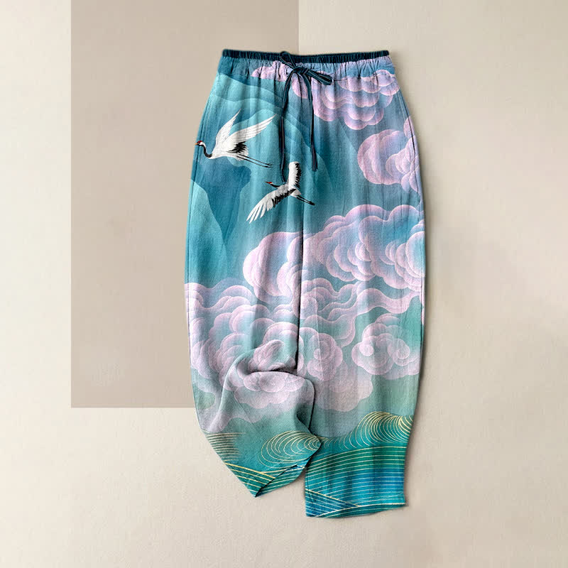 Buddha Stones Damenhose aus reiner Baumwolle mit elastischem Bund, Taschen und Kranich- und Wolkenmuster (Farbverlauf) - Türkis - US16, UK/AU20, EU48 (3XL) - image 0