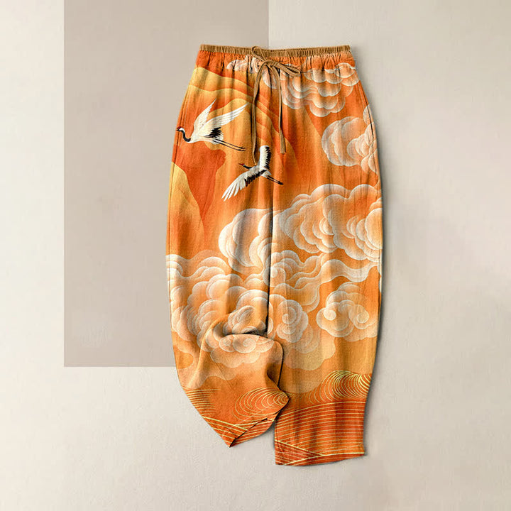 Buddha Stones Damenhose aus reiner Baumwolle mit elastischem Bund, Taschen und Kranich- und Wolkenmuster (Farbverlauf) - Orange - US16, UK/AU20, EU48 (3XL) - image 3
