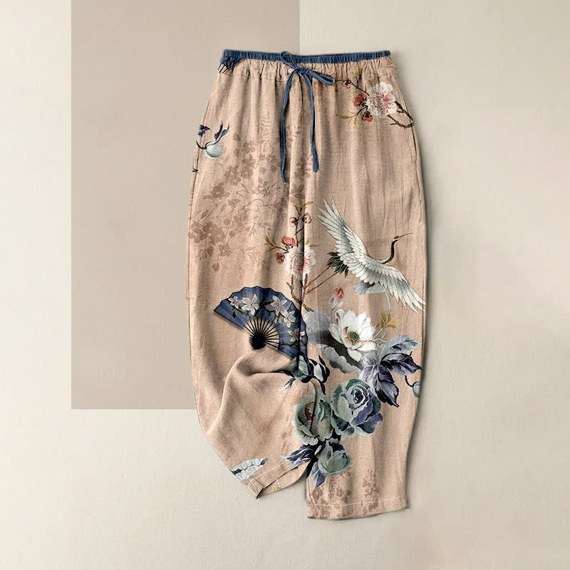Buddha Stones Damenhose aus reiner Baumwolle mit orientalischem Kranichfächermuster, elastischem Bund und Taschen - Weizen - US16, UK/AU20, EU48 (3XL) - image 0
