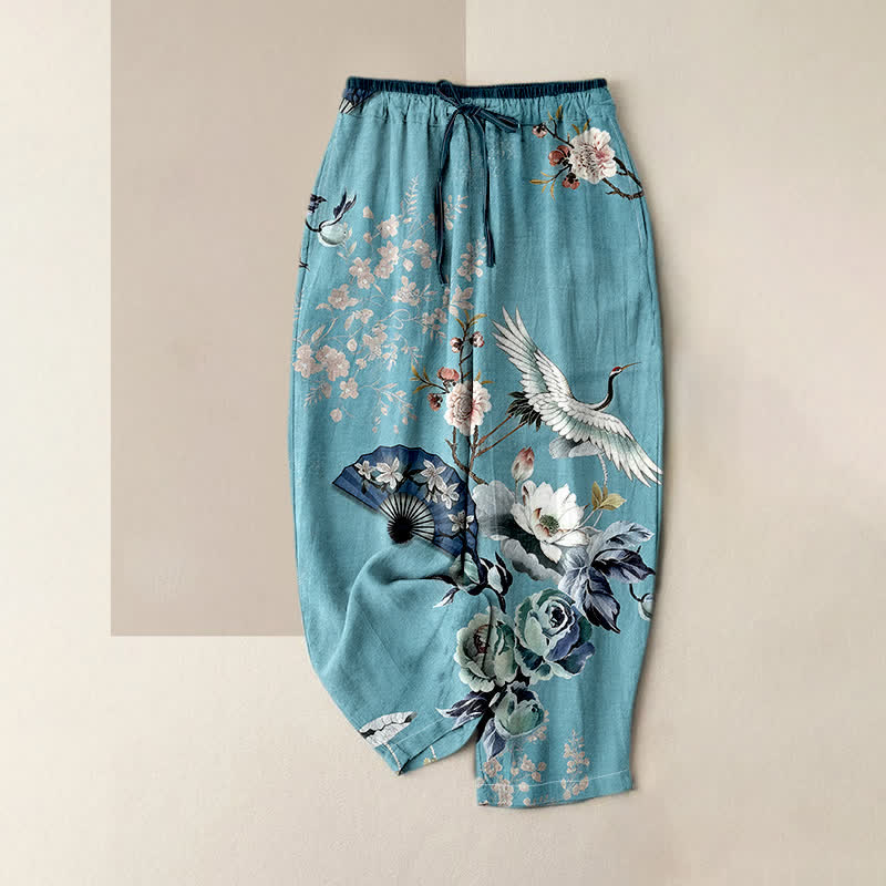 Buddha Stones Damenhose aus reiner Baumwolle mit orientalischem Kranichfächermuster, elastischem Bund und Taschen - Himmelblau - US16, UK/AU20, EU48 (3XL) - image 3