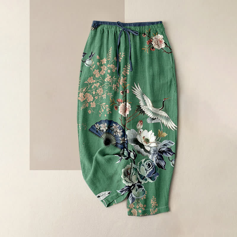 Buddha Stones Damenhose aus reiner Baumwolle mit orientalischem Kranichfächermuster, elastischem Bund und Taschen - SeaGreen - US16, UK/AU20, EU48 (3XL) - image 4