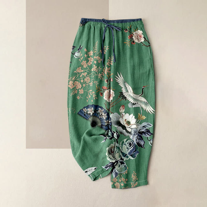 Buddha Stones Damenhose aus reiner Baumwolle mit orientalischem Kranichfächermuster, elastischem Bund und Taschen - SeaGreen - US16, UK/AU20, EU48 (3XL) - image 4