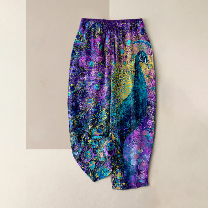 Buddha Stones Damenhose aus reiner Baumwolle mit Pfauenfedermuster, elastischem Bund und Taschen - Blauviolett - US16, UK/AU20, EU48 (3XL) - image 0