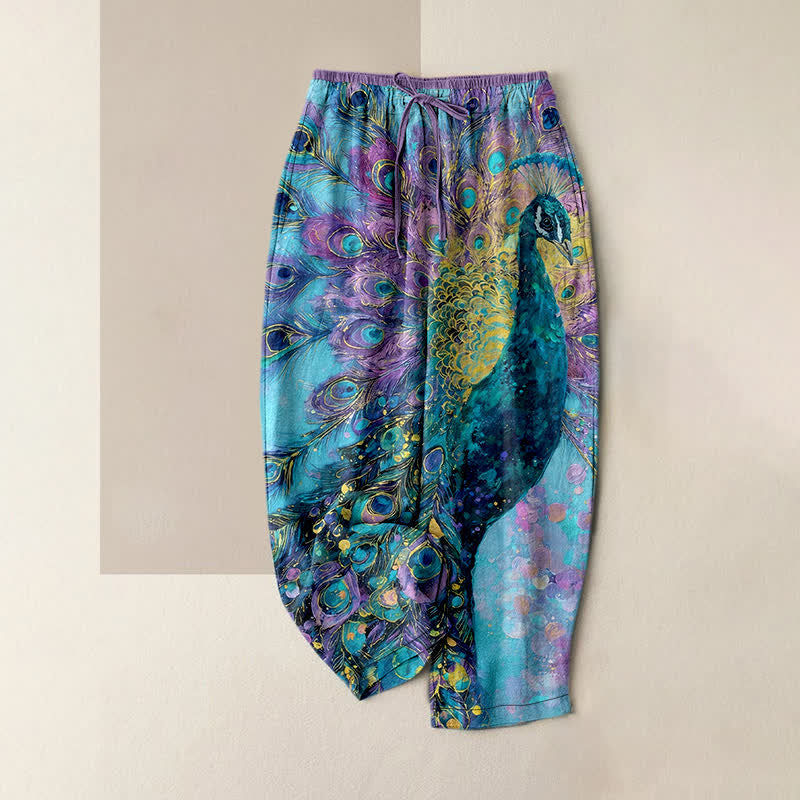 Buddha Stones Damenhose aus reiner Baumwolle mit Pfauenfedermuster, elastischem Bund und Taschen - Hellblau - US16, UK/AU20, EU48 (3XL) - image 4