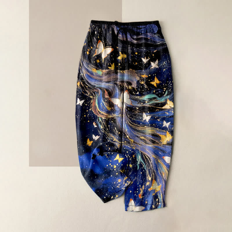 Buddha Stones Baumwollhose für Damen mit elastischem Bund, Taschen und Sternen-Schmetterlings-Schleifenmuster - Mitternachtsblau - US16, UK/AU20, EU48 (3XL) - image 0