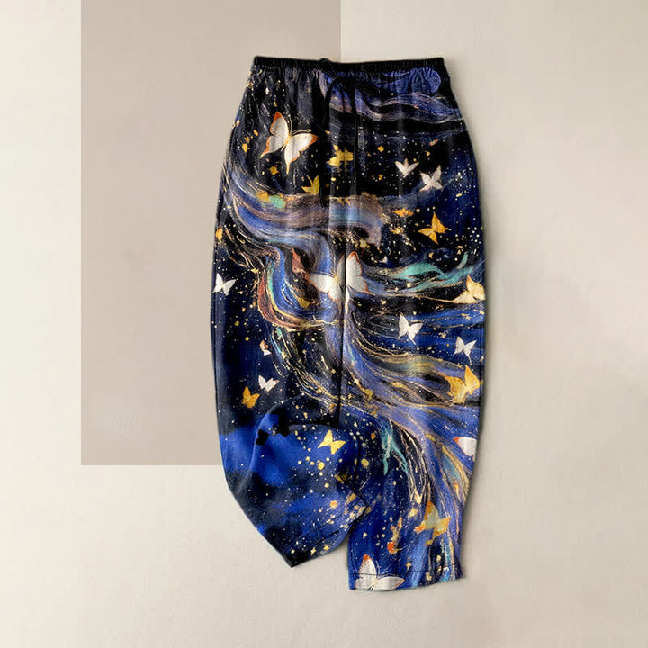 Buddha Stones Baumwollhose für Damen mit elastischem Bund, Taschen und Sternen-Schmetterlings-Schleifenmuster - Mitternachtsblau - US16, UK/AU20, EU48 (3XL) - image 0