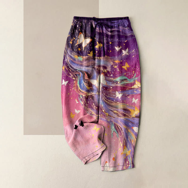Buddha Stones Baumwollhose für Damen mit elastischem Bund, Taschen und Sternen-Schmetterlings-Schleifenmuster - Lila - US16, UK/AU20, EU48 (3XL) - image 4