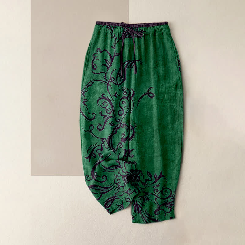 Buddha Stones Damenhose aus Baumwollsamt mit Rankenmuster, elastischem Bund und Taschen - Waldgrün - US16, UK/AU20, EU48 (3XL) - image 4