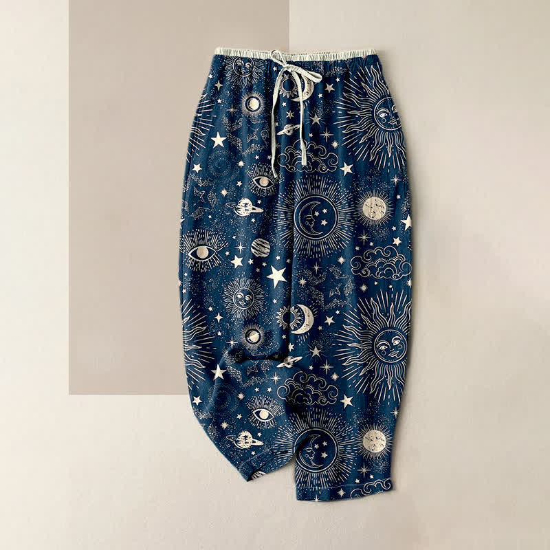 Buddha Stones Damenhose aus reiner Baumwolle mit himmlischem Sonnen-, Mond- und Sternenmuster, elastischem Bund und Taschen - Marine - US16, UK/AU20, EU48 (3XL) - image 0