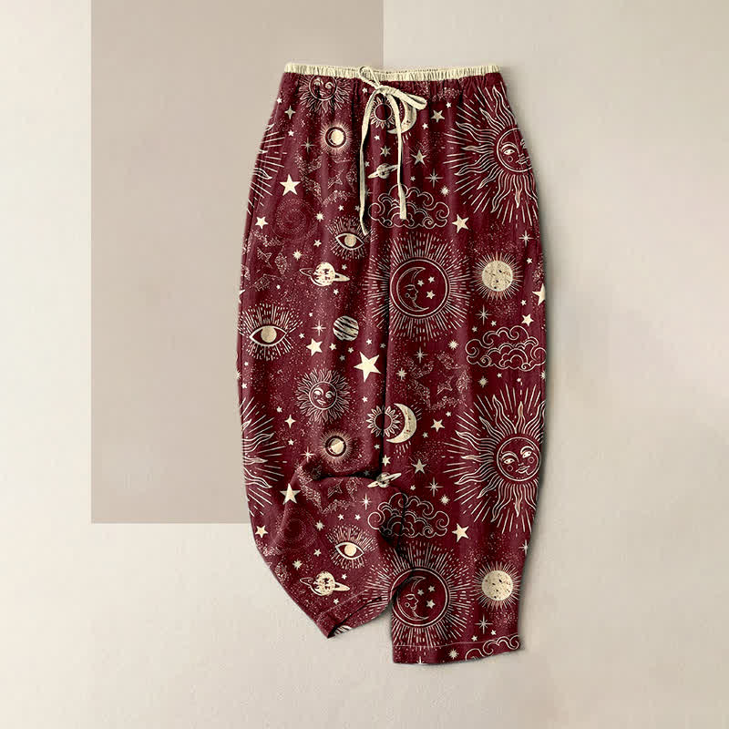 Buddha Stones Damenhose aus reiner Baumwolle mit himmlischem Sonnen-, Mond- und Sternenmuster, elastischem Bund und Taschen - Dunkelrot - US16, UK/AU20, EU48 (3XL) - image 3