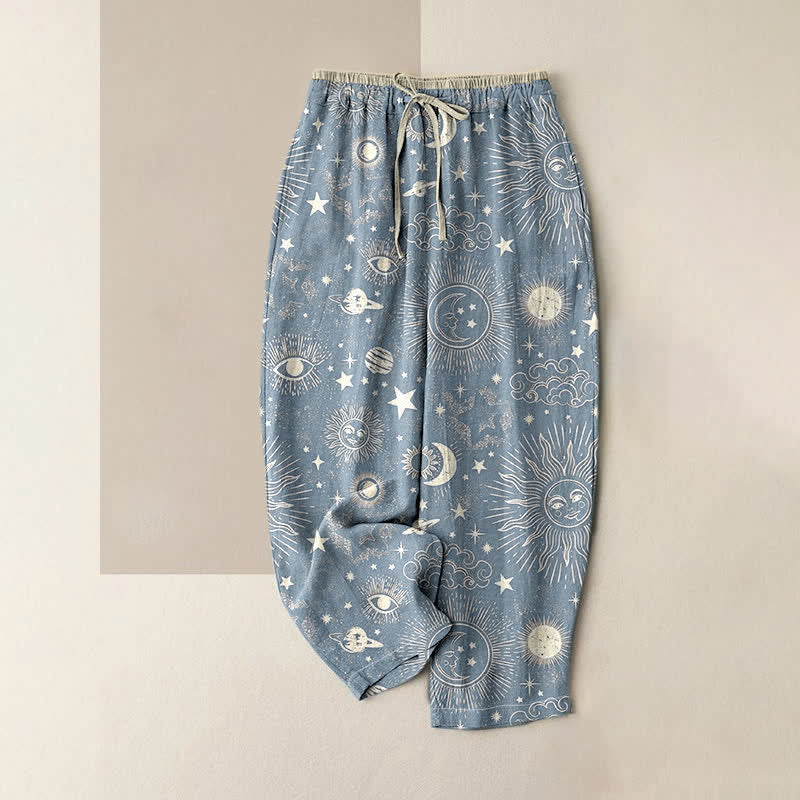 Buddha Stones Damenhose aus reiner Baumwolle mit himmlischem Sonnen-, Mond- und Sternenmuster, elastischem Bund und Taschen - Hellstahlblau - US16, UK/AU20, EU48 (3XL) - image 4