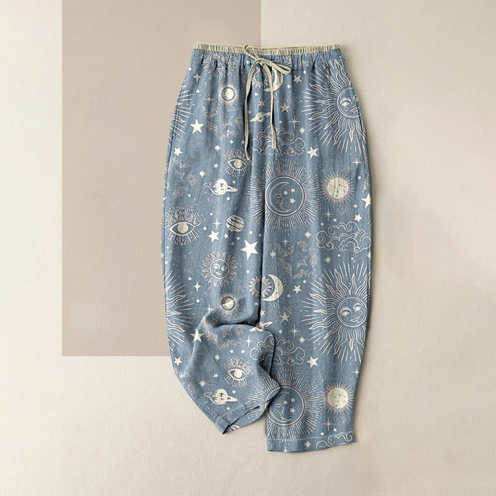 Buddha Stones Damenhose aus reiner Baumwolle mit himmlischem Sonnen-, Mond- und Sternenmuster, elastischem Bund und Taschen - Hellstahlblau - US16, UK/AU20, EU48 (3XL) - image 4