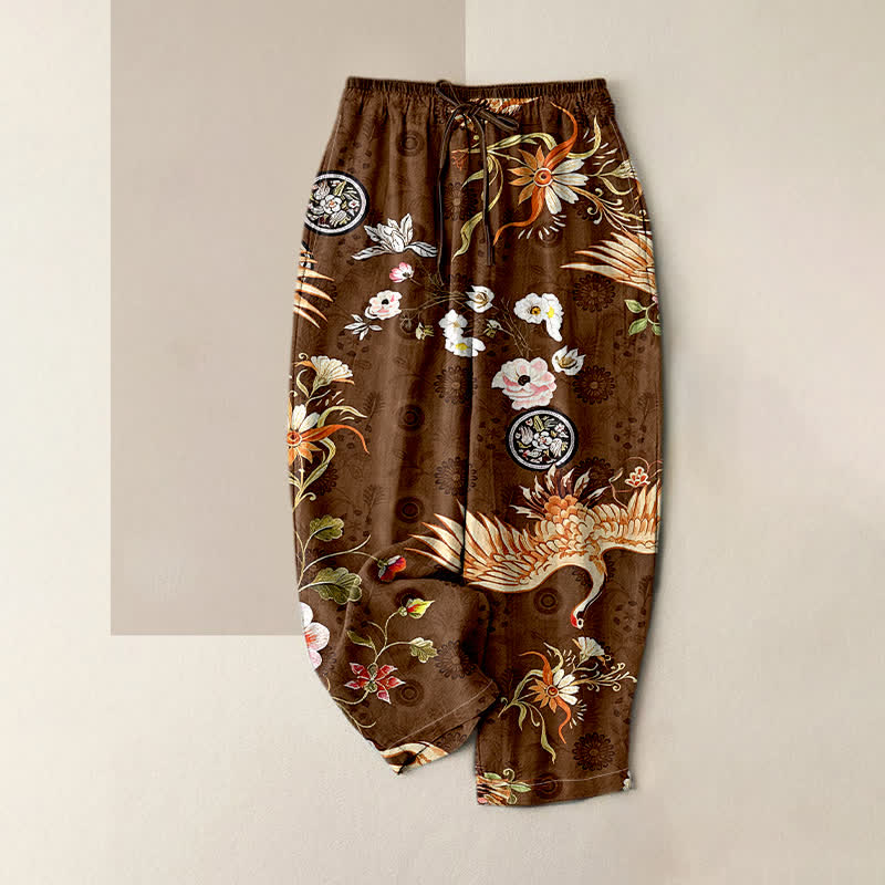 Buddha Stones Weiße Damenhose aus reiner Baumwolle mit Kranich- und Blumenmedaillonmuster, elastischem Bund und Taschen - Sienna - US16, UK/AU20, EU48 (3XL) - image 0