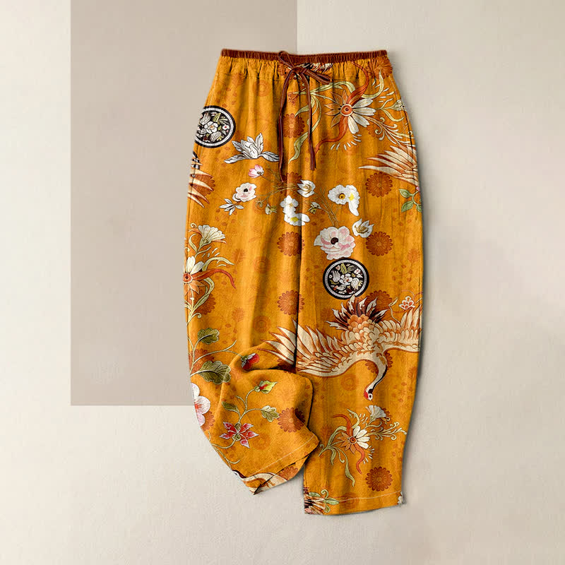 Buddha Stones Weiße Damenhose aus reiner Baumwolle mit Kranich- und Blumenmedaillonmuster, elastischem Bund und Taschen - Goldrute - US16, UK/AU20, EU48 (3XL) - image 3