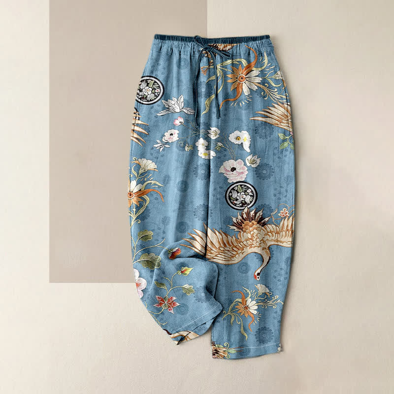 Buddha Stones Weiße Damenhose aus reiner Baumwolle mit Kranich- und Blumenmedaillonmuster, elastischem Bund und Taschen - SteelBlue - US16, UK/AU20, EU48 (3XL) - image 4