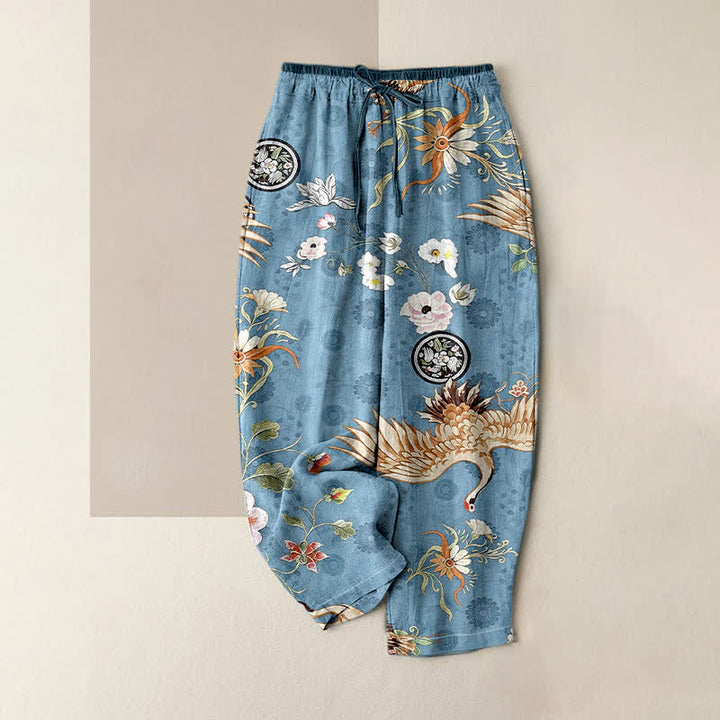 Buddha Stones Weiße Damenhose aus reiner Baumwolle mit Kranich- und Blumenmedaillonmuster, elastischem Bund und Taschen - SteelBlue - US16, UK/AU20, EU48 (3XL) - image 4