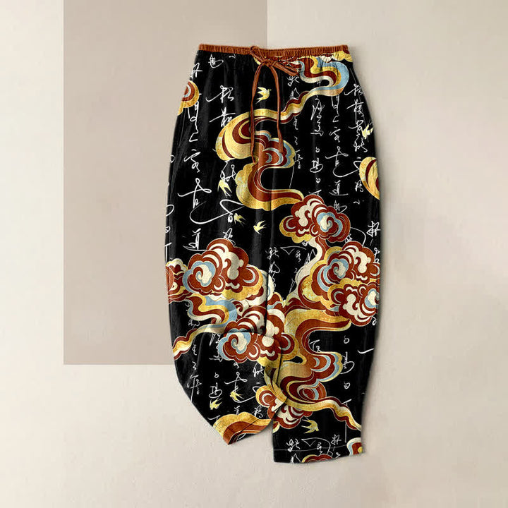 Buddha Stones Damenhose aus reiner Baumwolle mit orientalischem Wolkenkalligrafie-Muster, elastischem Bund und Taschen - Schwarz - US16, UK/AU20, EU48 (3XL) - image 0