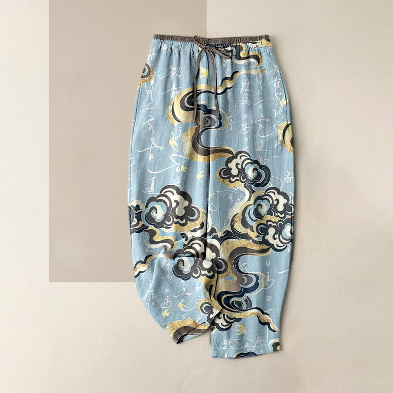 Buddha Stones Damenhose aus reiner Baumwolle mit orientalischem Wolkenkalligrafie-Muster, elastischem Bund und Taschen - Hellblau - US16, UK/AU20, EU48 (3XL) - image 3