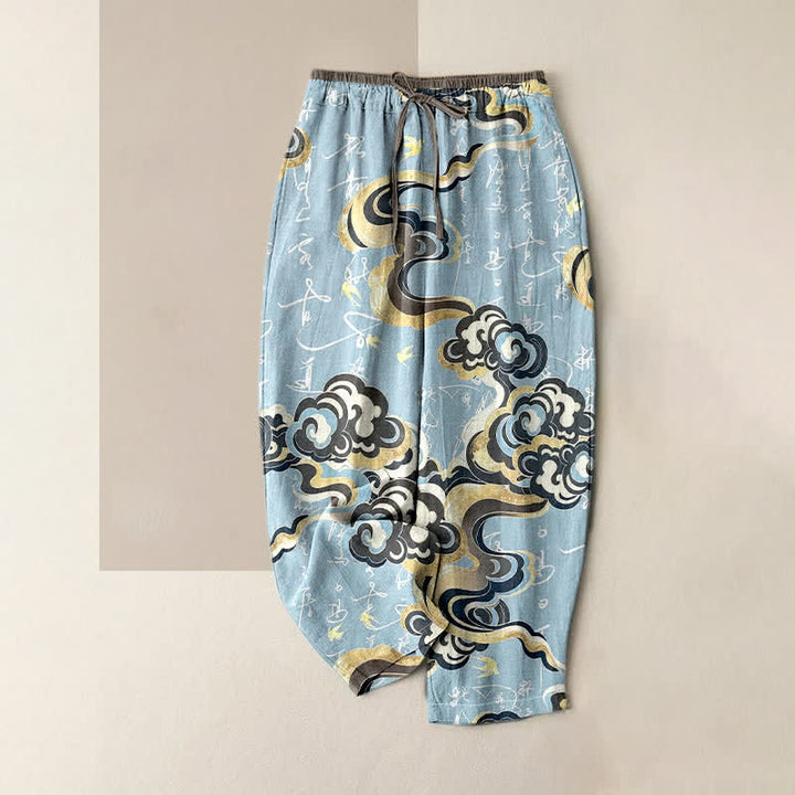 Buddha Stones Damenhose aus reiner Baumwolle mit orientalischem Wolkenkalligrafie-Muster, elastischem Bund und Taschen - Hellblau - US16, UK/AU20, EU48 (3XL) - image 3
