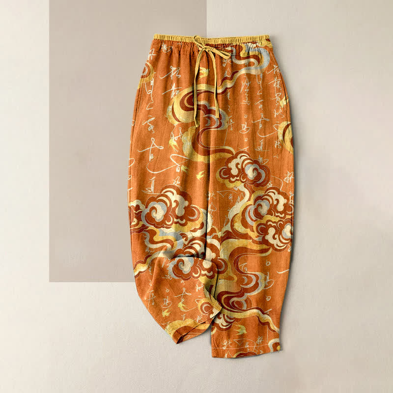 Buddha Stones Damenhose aus reiner Baumwolle mit orientalischem Wolkenkalligrafie-Muster, elastischem Bund und Taschen - Orange - US16, UK/AU20, EU48 (3XL) - image 4