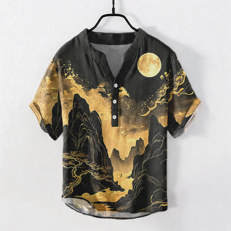 Buddha Stones Kurzarmhemd aus Baumwolle mit goldenem Mondlandschaftsmuster, halb geknöpft, Herrenhemd, Kurzarm, Baumwolle, Herrenhemd mit halber Knopfleiste - Schwarz - US/ UK/AU50, EU60 (5XL) - image 0