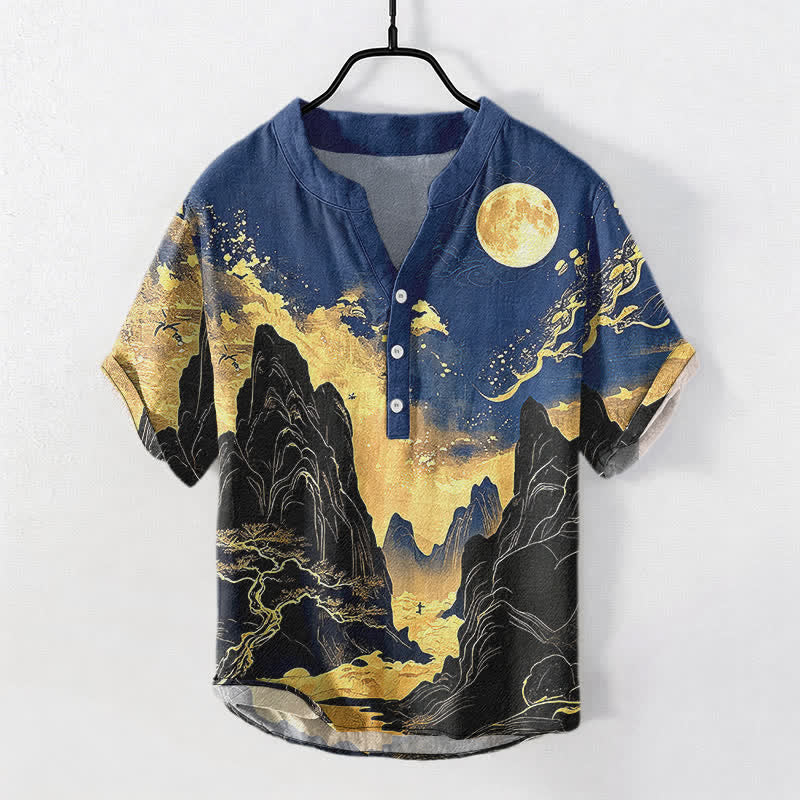 Buddha Stones Kurzarmhemd aus Baumwolle mit goldenem Mondlandschaftsmuster, halb geknöpft, Herrenhemd, Kurzarm, Baumwolle, Herrenhemd mit halber Knopfleiste - Dunkelblau - US/ UK/AU50, EU60 (5XL) - image 5