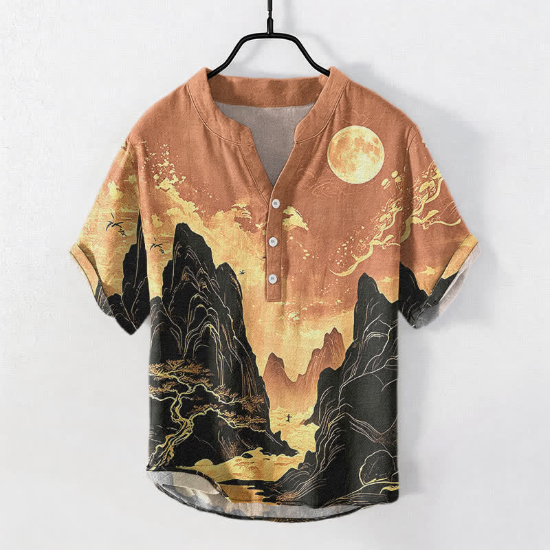 Buddha Stones Kurzarmhemd aus Baumwolle mit goldenem Mondlandschaftsmuster, halb geknöpft, Herrenhemd, Kurzarm, Baumwolle, Herrenhemd mit halber Knopfleiste - SandyBrown - US/ UK/AU50, EU60 (5XL) - image 7