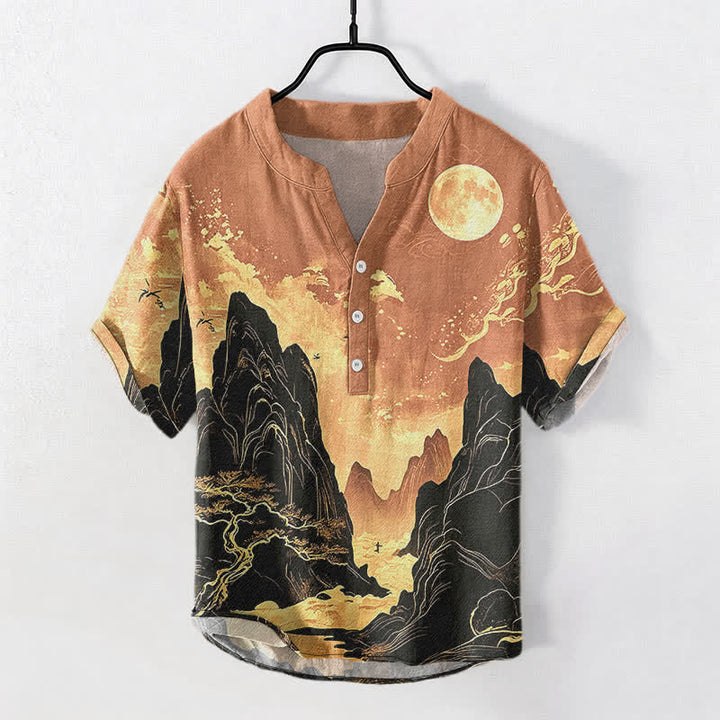 Buddha Stones Kurzarmhemd aus Baumwolle mit goldenem Mondlandschaftsmuster, halb geknöpft, Herrenhemd, Kurzarm, Baumwolle, Herrenhemd mit halber Knopfleiste - SandyBrown - US/ UK/AU50, EU60 (5XL) - image 7